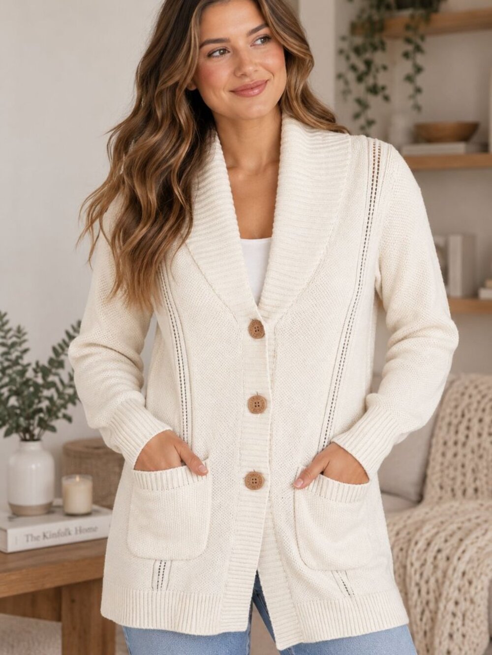 UGG Cream Shawl Collar Cardigan M/L Long Chunky Knit Cottagecore Sweater